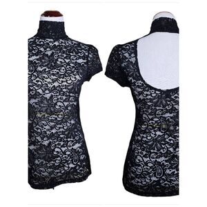 Express Black Floral Lace Mock Neck Cap Sleeve Open Back Top Medium